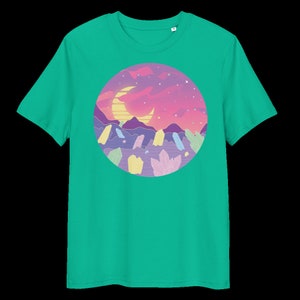 May include: A turquoise t-shirt featuring a circular graphic of a pink and purple sunset landscape with a crescent moon and yellow sun. The landscape is filled with colourful crystals.