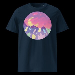 May include: A navy blue t-shirt featuring a circular graphic of a pink and purple sunset with a crescent moon and stars over a field of colourful crystals.