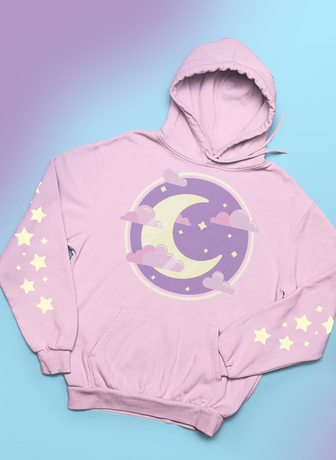 Crescent Moon Hooded Sweater, Yume Kawaii Hoodie, Pastel Goth, Harajuku Clothing, Christmas Gift, Fairy Kei, Plus Sizes, With Star Sleeves