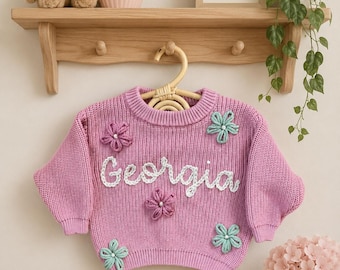 Custom Hand Embroidered Baby Name Sweater: Cotton Knit