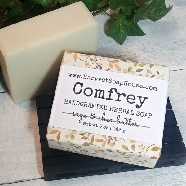 Comfrey Handmade Soap. Handcrafted Herbal Bar Soap. Shea Butter and Sage Soap.