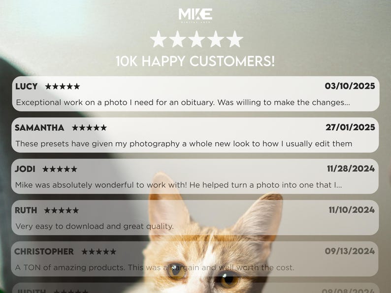 May include: Screenshot of a website with customer reviews. The reviews are positive and include comments about the quality of the products and the seller's customer service. The website also features a cat peeking out from the bottom of the screen.