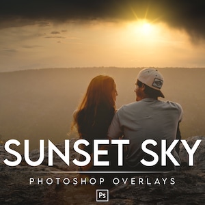 May include: A scenic sunset sky with a couple silhouetted against the golden light. The image features the text "SUNSET SKY" and "PHOTOSHOP OVERLAYS". The sky is a mix of orange, yellow, and dark clouds.