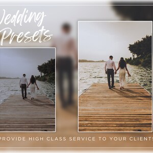 May include: Two people in wedding attire walk hand-in-hand on a wooden dock over a lake. The image is blurred in the background and the text "Wedding Presets" is in the top left corner. The text "Provide high class service to your clients" is at the bottom of the image.