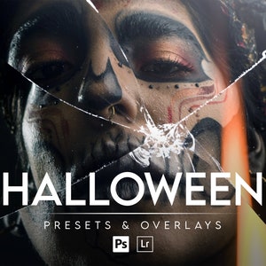 May include: A close-up of a person's face with Halloween makeup, with cracked glass overlaying the image. The text "HALLOWEEN PRESETS & OVERLAYS" is below the image, with the Adobe Photoshop and Lightroom logos.
