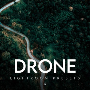 Puede incluir: Vista aérea de un camino sinuoso a través de un exuberante bosque verde. El texto "DRONE LIGHTROOM PRESETS" se superpone a la imagen.