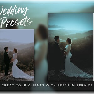 May include: Wedding presets for photographers, showing a before and after photo of a couple in a mountain landscape. The before photo is a bit dull and the after photo has a warm, romantic feel.