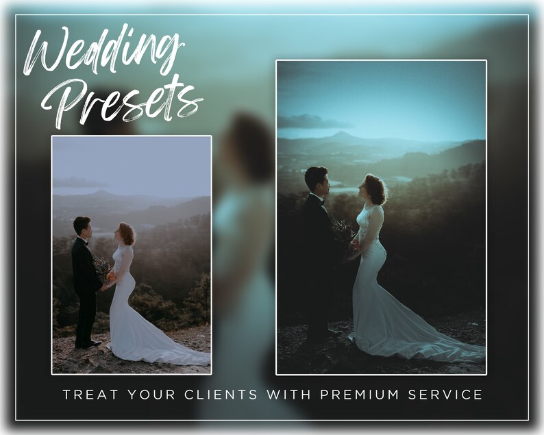 May include: Wedding presets for photographers, showing a before and after photo of a couple in a mountain landscape. The before photo is a bit dull and the after photo has a warm, romantic feel.