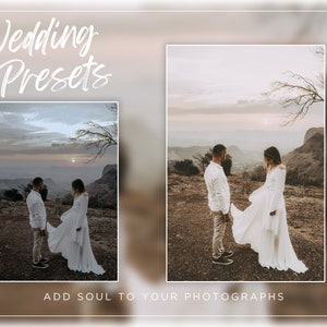 May include: A couple in white clothing stand on a hilltop overlooking a valley with a sunset in the background. The text "Wedding Presets" is at the top of the image and the text "ADD SOUL TO YOUR PHOTOGRAPHS" is at the bottom of the image.