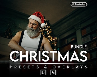 Paquete de SUPERPOSICIONES Y AJUSTES PREDETERMINADOS DE NAVIDAD, superposiciones de Photoshop, bokeh, nieve, auroras boreales, globos digitales, fuegos artificiales, confeti, Papá Noel,