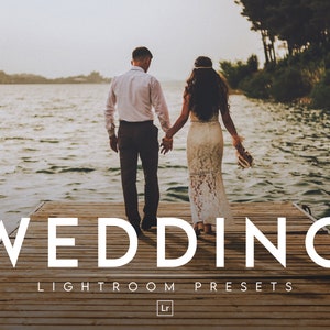 May include: A couple walks hand-in-hand on a wooden dock over a lake. The text "WEDDING LIGHTROOM PRESETS" is displayed on the dock.