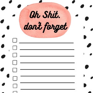 Op de afbeelding: Een roze aquarel achtergrond met de tekst "Oh Shit. don't forget" en een checklist met 12 lege vakjes.