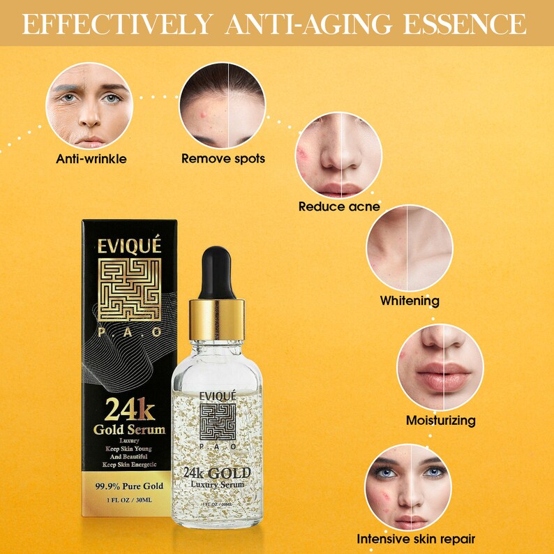 May include: A gold bottle of 24k Gold Serum by EVIQU&Eacute;. The bottle is clear and shows gold flakes suspended in the liquid. The bottle is labeled with the brand name, product name, and the words "Luxury" and "99.9% Pure Gold". The bottle is surrounded by images of faces with different skin concerns, such as wrinkles, spots, acne, and dryness. The text "EFFECTIVELY ANTI-AGING ESSENCE" is at the top of the image.