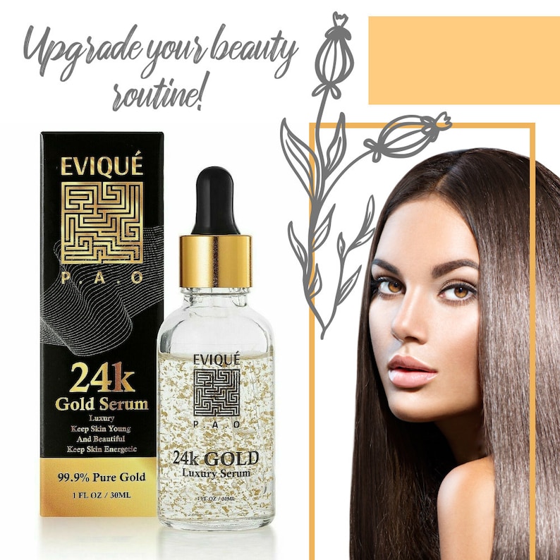 May include: A clear glass bottle with a gold cap and a gold label. The bottle contains a gold liquid with gold flakes. The label says "24k Gold Luxury Serum" and "EVIQU&Eacute;". The bottle is 1 fl oz / 30 ml.