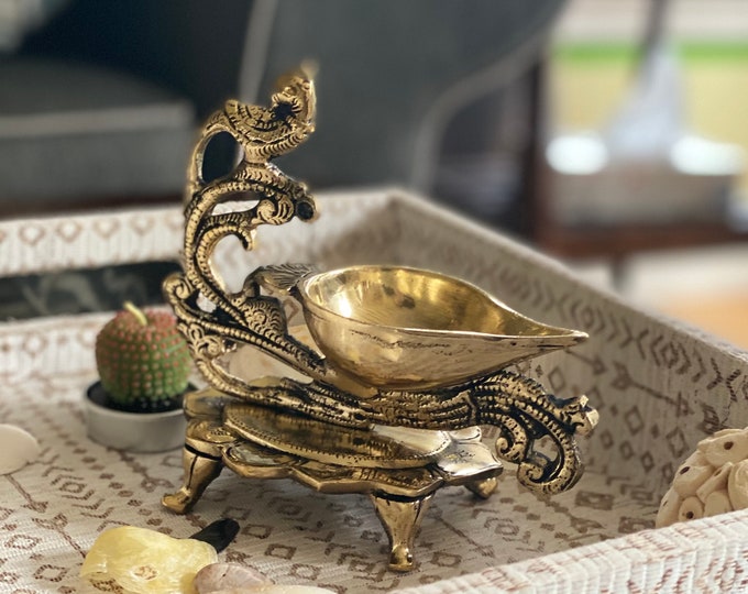 Brass Curved Peacock Design Diya, Indian Decor Diya, Brass Oil Lamp ...
