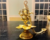 Set of 2 Diyas - Dancing Ganesha Hanging Lamps, Brass Hanging Diya ,Handmade Lamp,Indian Pooja room Decor, Brass Wick Lamp, 21 inches