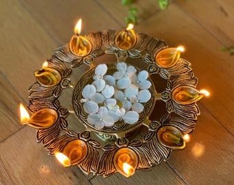 Brass Urli with Diya: Traditional Indian Ceremony Bowl