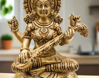 Sarasvati idol; Brass Sarasvati Goddess of wisdom Playing veena - 8&quot;