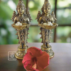 Brass DeepLakshmi, Lakshmi Statue Holding Deepam/Diya  with 2 Parrots on Shoulders