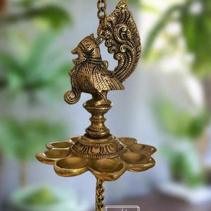 Stunning handmade  hanging Bell Lamp, Traditional Indian Decor, Wick Diyas, Hanging Peacock Diya with Bell, Wedding gift