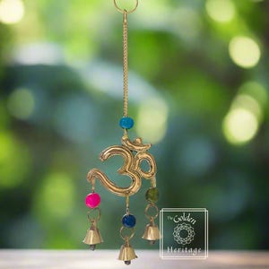 Set of 2 Hanging Bells with auspicious OM symbol, Brass decorative string,keychain, car hanging Decoration, Wall/Door hanging decoration