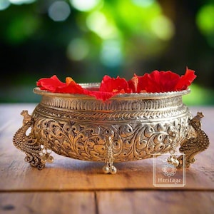 Beautiful German Silver Urli with Peacock design, Traditional bowl for flowers décor