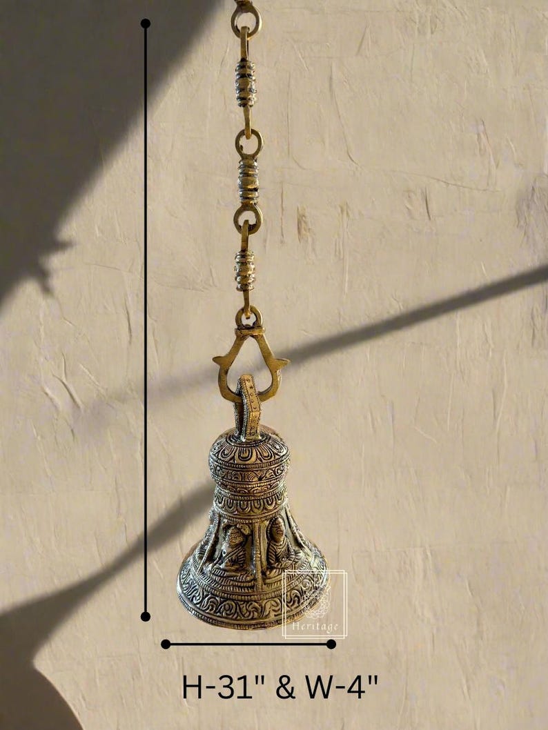 Solid Brass Temple Bell With Chain, Traditional Indian Hanging Bell - Etsy