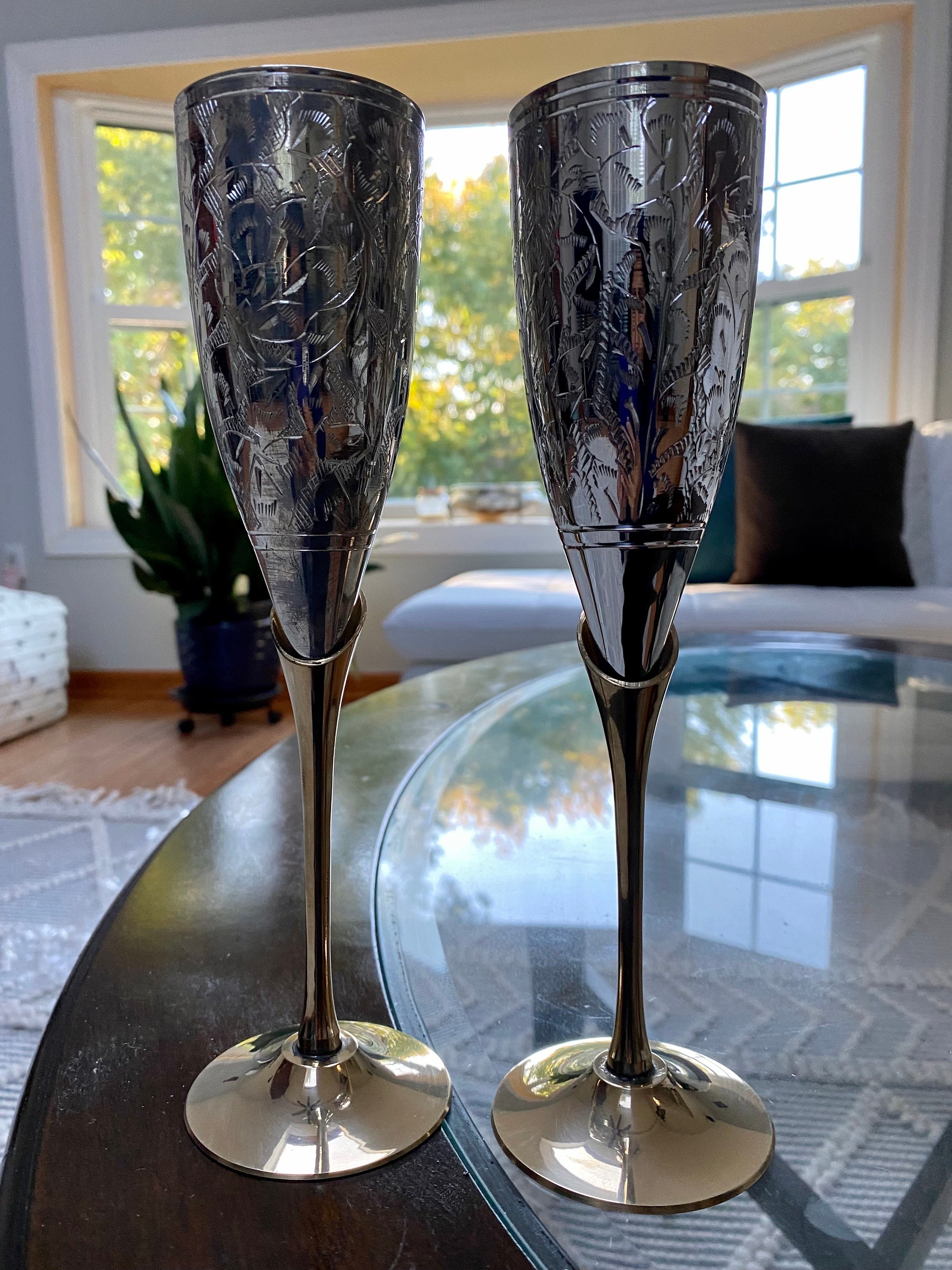 Set of 2 Elegant Wine Glasses With Velvet Box, German Sliver Wine