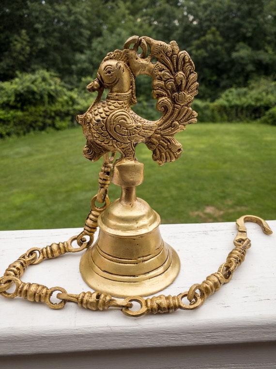 Indian traditional Brass Hanging Bell With Chain for Home & Temple Golden 