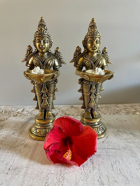 Brass Deeplakshmi Oil Lamp Deep Lady Standing Statue Etsy Australia
