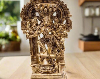 Auspicious Mahisasur Mardini Idol with Prabhavali, Brass Durga idol
