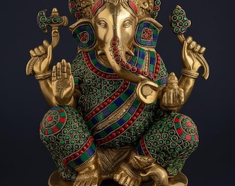 Estatua de Ganesha de latón: Ídolo del dios hindú, decoración de buena suerte (14,5 pulgadas)