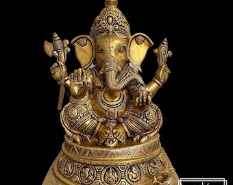 Estatua de Ganesha de latón, ídolo de Ganesha tallado Ashta-Vinayak H- 12"