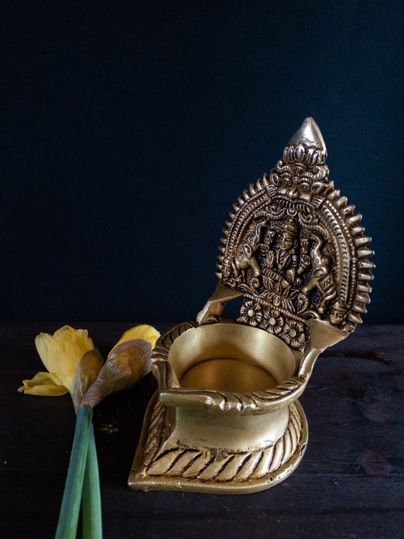 Small Brass Oil Lamp Antique Hindu Home Decor Diya Temple Welcome Lady  Vintage