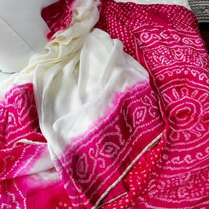 Pure Chinon Chiffon Bandhani Saree with stonework border, partywear, handmade saree