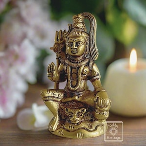 Brass Shiva Statue, Shiva with Divine Serpent, Mahadev idol, Sitting Shiva idol - 4&quot;