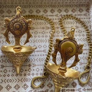 Set of 2 Brass shankha and Chakra hanging Diya set, Stunning  pair of  hanging lamps