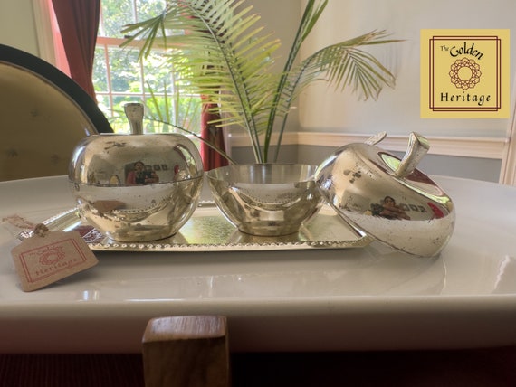German Silver Apple Bowls with Spoons & Tray, Wedding Gift