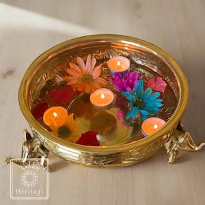 Beautiful Urli with elephants legs, Brass Traditional bowl for flower décor 8&quot;