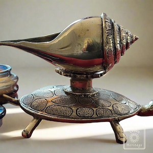 Brass Shankha or Conch with Turtle- Sacred Emblem of The Indian God Vishnu, War Trumpet, Hindu Ritual Conch,Vastu and Fengshui