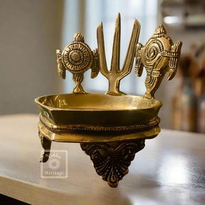 Brass Shankh Chakra Namah Diya, Religious Decor oil wick lamp