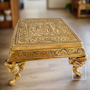 Elephant pillar Pooja Chowki , Square shape Chowki, Brass Pooja Chowki for Home Temple, Chowki for God Idols