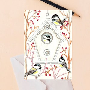 Set 10 Greeting Cards, Snowy Chickadee Holiday Cards, Envelopes, Winter Party Invitations, Christmas Stationery A6