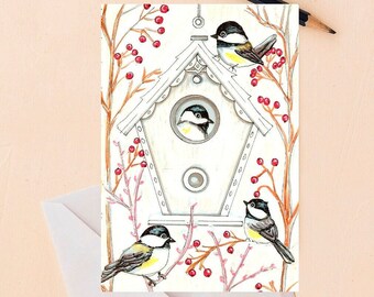 Set of 10 Snowy Chickadee Christmas Cards – A6 Handmade Holiday Stationery with Envelopes – Winter Bird Art