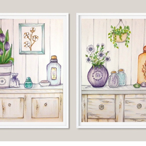 Set 2 stampe, da disegno originale mobile cucina, bagno, credenza stile Shabby Chic, provenzale, arte murale, arredamento casa