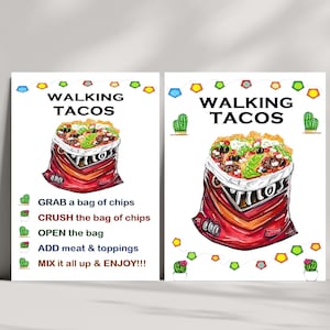 Può includere: Due cartelli rettangolari bianchi con le parole "WALKING TACOS" in alto. Ogni cartello presenta un disegno di un sacchetto di patatine rosso pieno di ingredienti per tacos. Le istruzioni sono elencate sotto l'immagine: "GRAB a bag of chips, CRUSH the bag of chips, OPEN the bag, ADD meat & toppings, MIX it all up & ENJOY!!!"