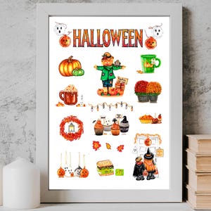 Può includere: Una stampa incorniciata che presenta una collezione di illustrazioni in stile acquerello a tema Halloween, tra cui uno spaventapasseri, zucche, una tazza verde, una ghirlanda, cupcake e bambini in costume. La parola HALLOWEEN è stampata in grandi lettere arancioni in alto.