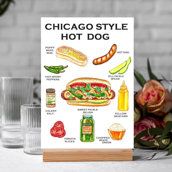CHICAGO Style HOT DOG, Digital Download, Printable, bar, kitchen art décor, from original drawing