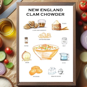 Puede incluir: Ilustración enmarcada titulada "New England Clam Chowder" rodeada de ingredientes. Incluye almejas, harina, sal, pimienta, cebolla, patatas, leche y verduras frescas como tomates, pepinos y pimientos. También se ven una tabla de cortar de madera y un cuenco de granos de pimienta.