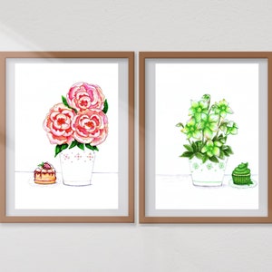 Digital set 2 printable, Download, prints from original drawing, A5 format (21 x 14.8 cm - 8.3 x 5.8 in), Shabby Provencal, flowers and sweets